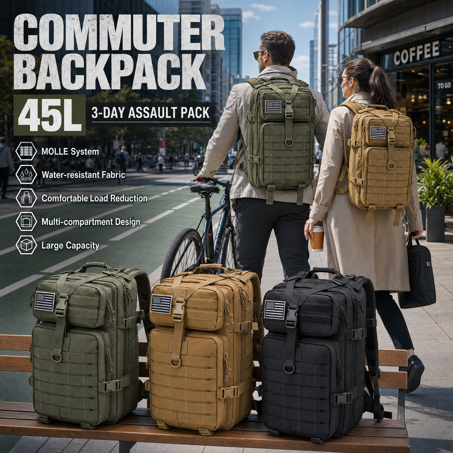 Cycling Commuter Backpack Laptop - Men 45L Tactical Backpack Molle Bug